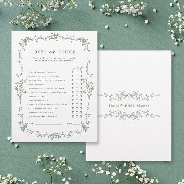 Sage Green "Over or Under" Brautparty Game (Front & Back)