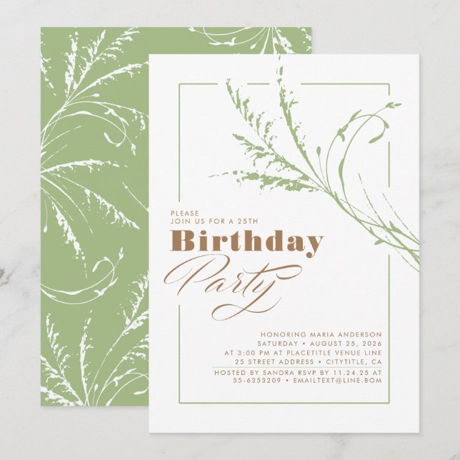 Sage Green Pampas Grass Modern Birthday Party Einladung (Vorne/Hinten)