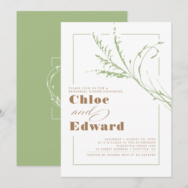 Sage Green Pampas Grass Moderne Probe Abendessen Einladung (Vorne/Hinten)