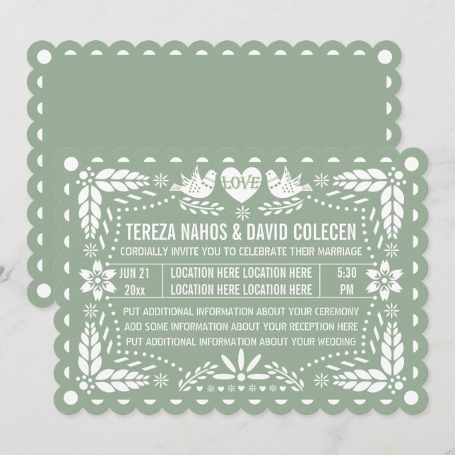 Sage green papel picado liebt Vögel fiesta Hochzei Einladung (Vorne/Hinten)