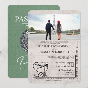 Sage Green Paris Passport Wedding Einladung