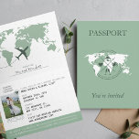 Sage Green Passport Destination Wedding Einladung<br><div class="desc">Introducing our elegant and unique folded wedding invitation, designed to resemble a passport! This invitation features a stunning photo of the happy couple against a beautiful sage green background. The front cover boasts a detailed world map, adding a touch of adventure and global appeal to the design. As you open...</div>