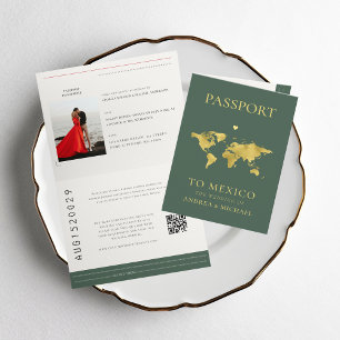 Sage Green Passport Reisen Hochzeit in Urlaubsort Einladung