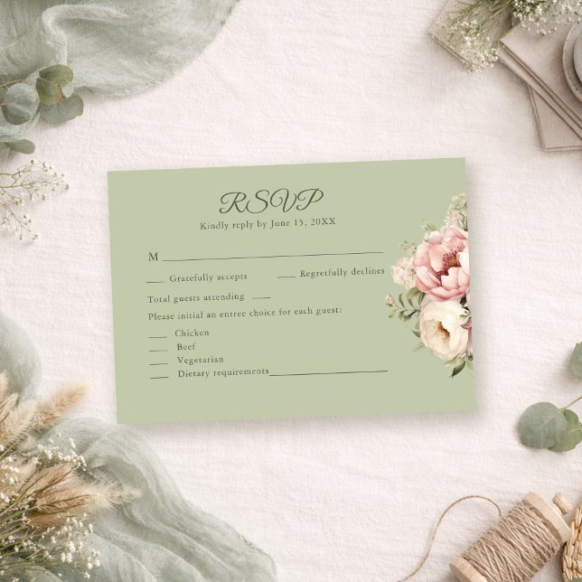 Sage Green Peony Floral RSVP Card Karte (Sage Green Peony Floral RSVP Card on a boho table with sage green decor and dry botanicals)