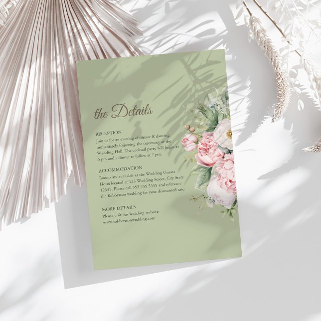 Sage Green Peony Floral Wedding Details Card Einladung (Sage Green Peony Floral Wedding Details Card on a sunny table with dry white botanicals)