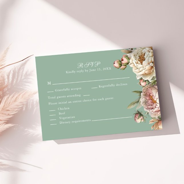 Sage Green Peony Garden Wedding RSVP Card Karte (Pastel Sage Green and Blush Pink Peonies RSVP Card on a sunny table with neutral botanicals)