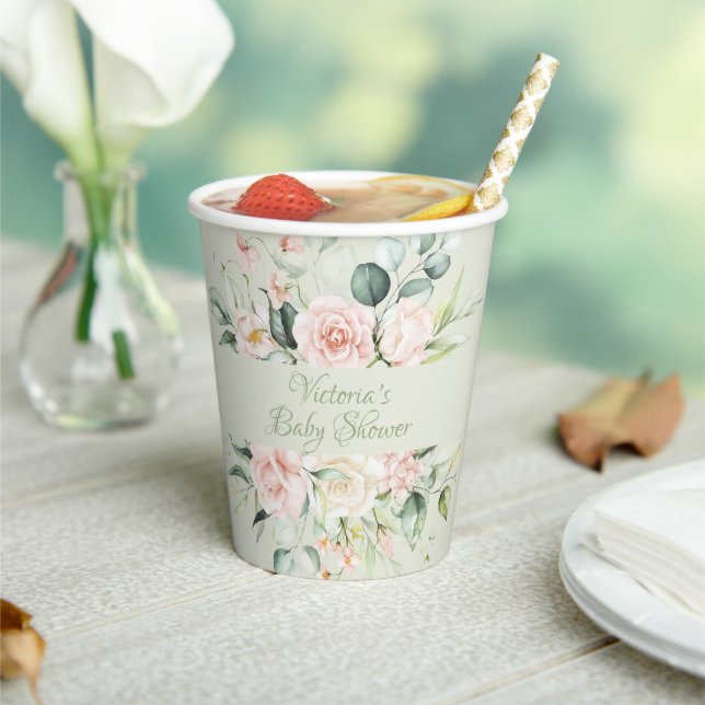 Sage Green Personalisiert Modern Floral Baby Dusch Pappbecher (In Situ)