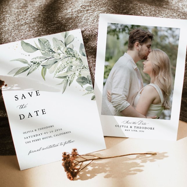 Sage Green Photo Botanical Wedding Save The Date (Sage green botanical photo save the date card, modern classic wedding stationery, minimal elegant)