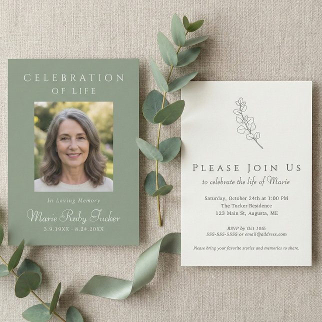 Sage Green Photo Celebration of Life Invitation Einladung (Sage Green Botanical Custom Photo Celebration of Life Invitation)