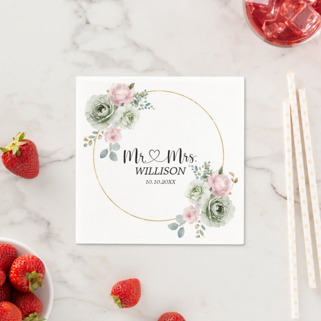 Sage Green & Pink Blume Hochzeitspapier Napkin Serviette (Beispiel)