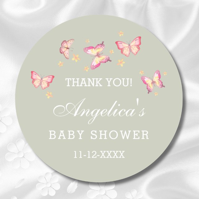 Sage Green Pink Butterfly Baby Dusche Danke Runder Aufkleber (Von Creator hochgeladen)