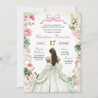 Sage Green Pink Coquette Bow Princess Quinceanera Einladung