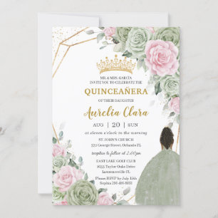 Sage Green Pink Floral Brown Girl Quinceañera Einladung