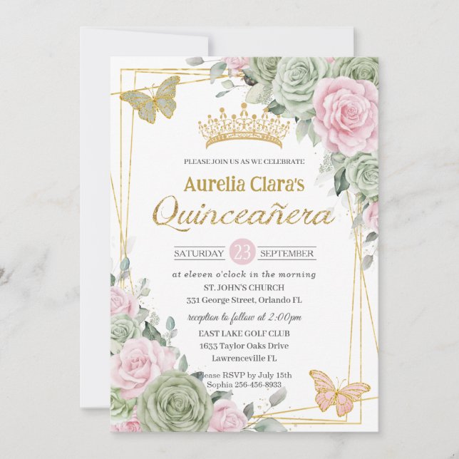 Sage Green Pink Floral Butterfliegen Quinceañera Einladung (Vorderseite)