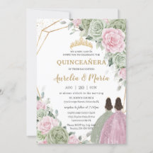 Sage Green Pink Floral Gold Quinceañera Twins