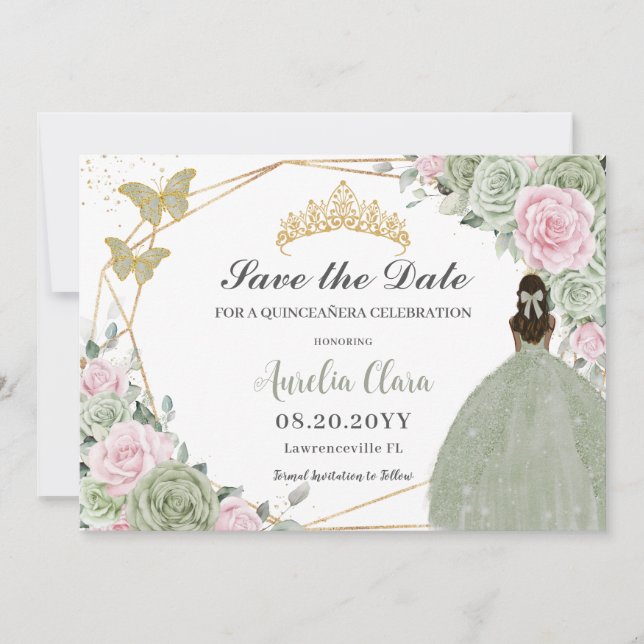 Sage Green Pink Floral Quinceanera Tan Princess Save The Date (Vorderseite)