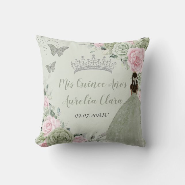 Sage Green Pink Floral Silber Quinceañera Keepake Kissen (Vorderseite)