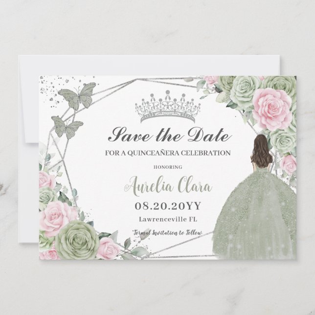 Sage Green Pink Floral Silver Quinceanera Princess Save The Date (Vorderseite)
