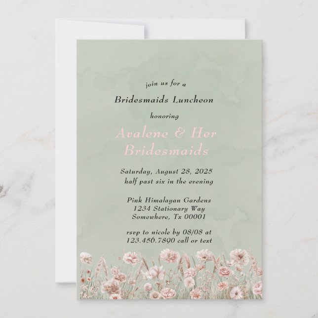 Sage Green Pink Peony Bridesmaids Luncheon Einladung (Vorderseite)