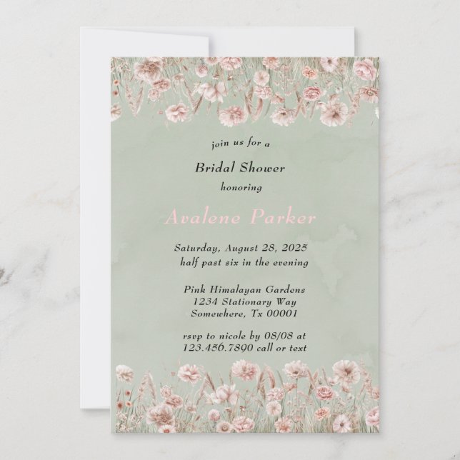 Sage Green Pink Peony Watercolor Brautparty Einladung (Vorderseite)