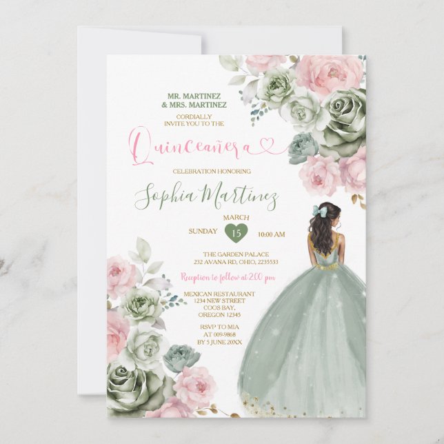 Sage Green & Pink Princess Floral Gold Quiñceanera Einladung (Vorderseite)