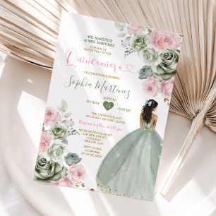 Sage Green & Pink Princess Floral Gold Quiñceanera Einladung