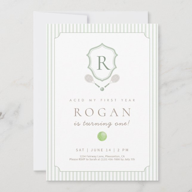 Sage Green Preppy Tennis Crest 1st Birthday invite Dankeskarte (Vorderseite)