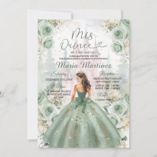 Sage Green Princess and Castle Floral Mis Quince Einladung
