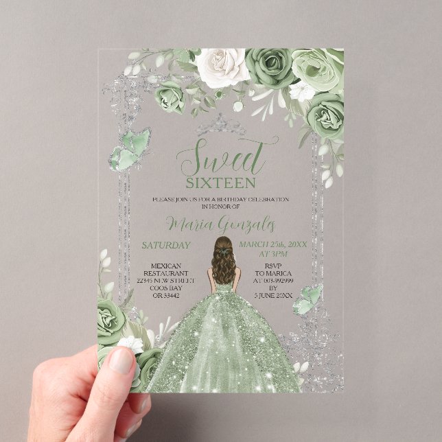 Sage Green Princess Butterfly Silver Sweet Sixteen Acryleinladungen (Insitu (Handheld))