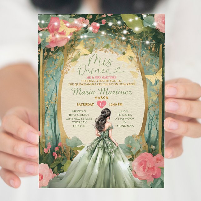 Sage Green Princess Dress Gold Forest Mis Quince Einladung (Von Creator hochgeladen)