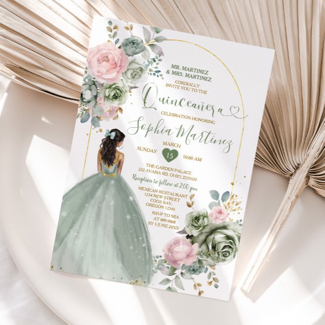 Sage Green Princess Dress Pink Floral Quiñceanera Einladung (Von Creator hochgeladen)
