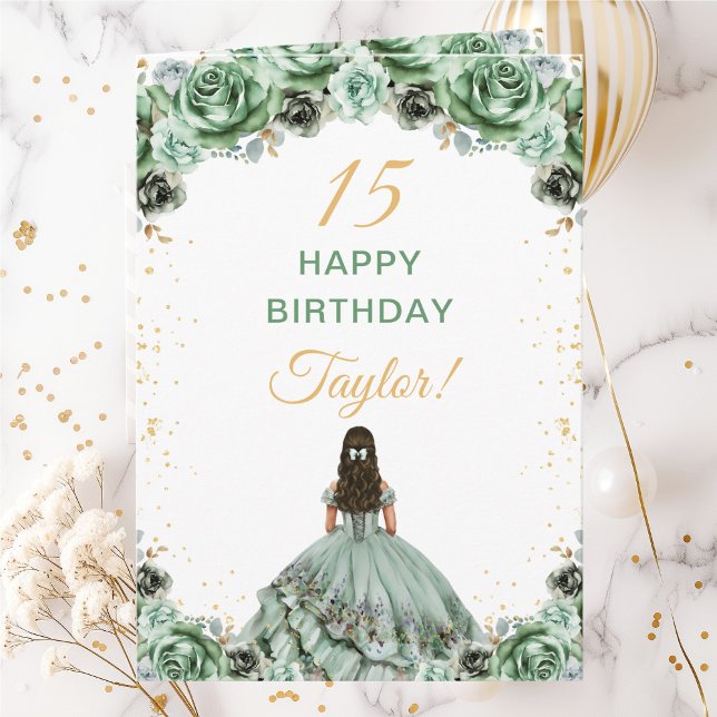 Sage Green Princess Floral Happy Birthday Karte (Von Creator hochgeladen)