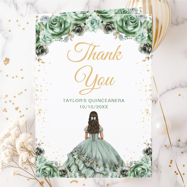 Sage Green Princess Floral Quinceañera Dankeskarte (Von Creator hochgeladen)
