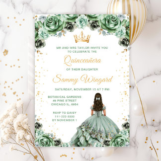 Sage Green Princess Floral Quinceañera Einladung