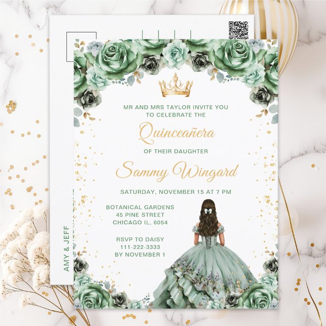 Sage Green Princess Floral Quinceañera Postkarte (Von Creator hochgeladen)
