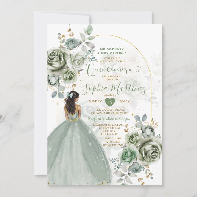 Sage Green Princess Florals Gold Crown Quiñceanera Einladung (Vorderseite)