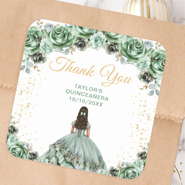 Sage Green Princess Quinceañera Vielen Dank Quadratischer Aufkleber (Von Creator hochgeladen)