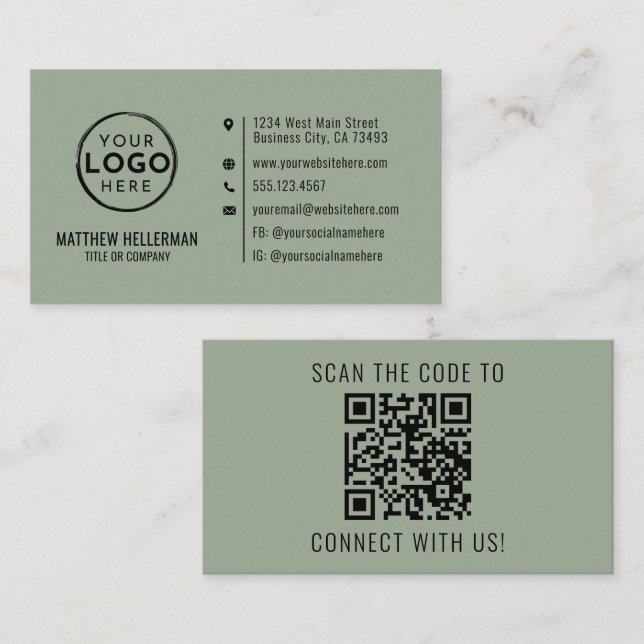 Sage Green Professional Minimalist QR Code Logo Visitenkarte (Vorne/Hinten)