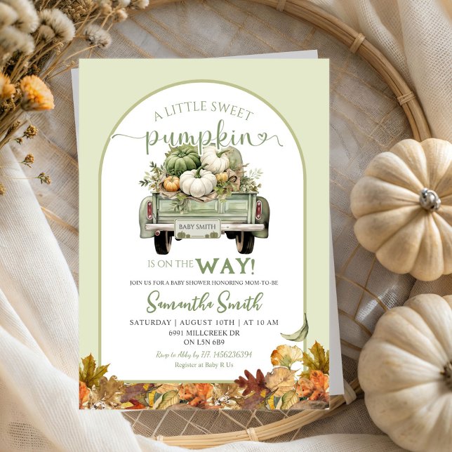 Sage Green Pumpkin Blätter Truck Baby Shower Einladung (Von Creator hochgeladen)