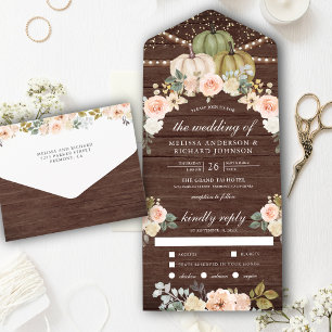Sage Green Pumpkin Dusty Peach Floral Wood Wedding All In One Einladung