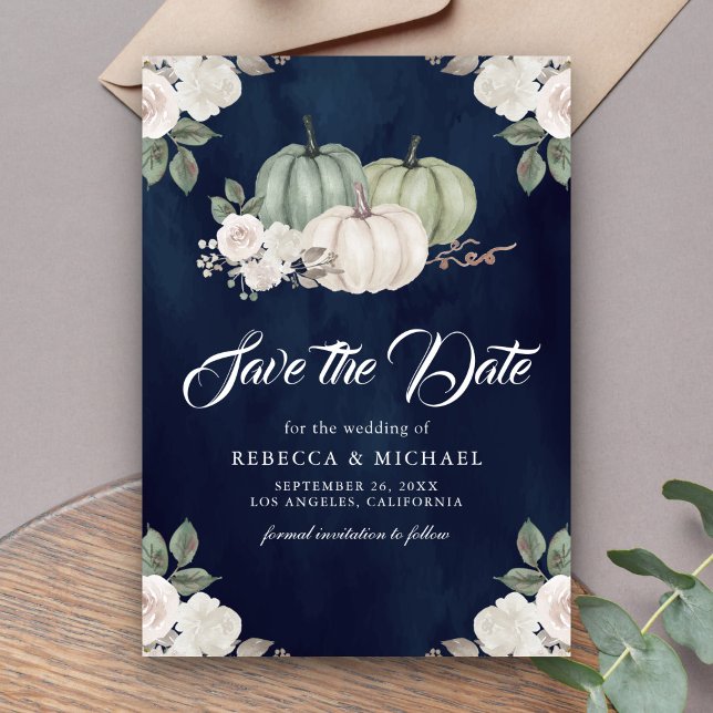 Sage Green Pumpkin Floral Navy Blue Wedding Save The Date (Von Creator hochgeladen)