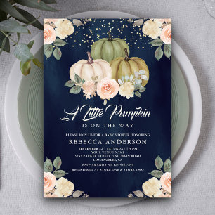 Sage Green Pumpkin Peach Floral Navy Baby Dusche Einladung