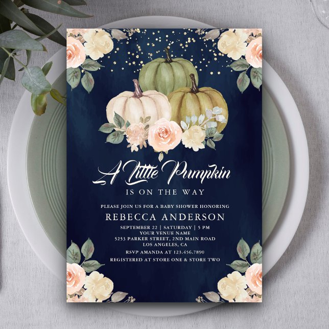 Sage Green Pumpkin Peach Floral Navy Baby Dusche Einladung (Von Creator hochgeladen)