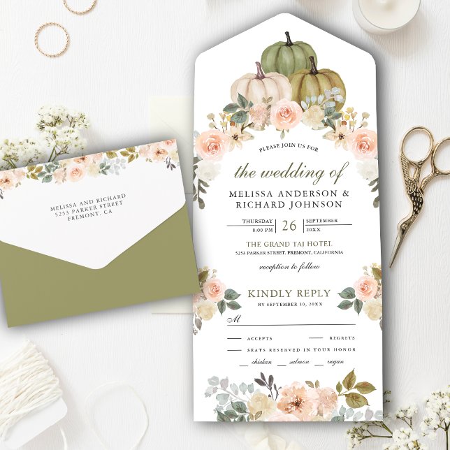 Sage Green Pumpkin und Dusty Peach Floral Wedding All In One Einladung (Von Creator hochgeladen)