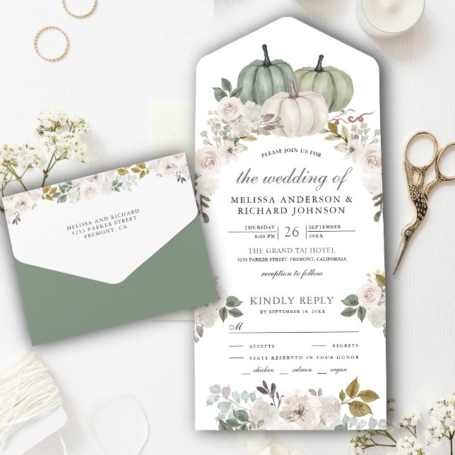 Sage Green Pumpkin und White Floral Wedding All In One Einladung (Von Creator hochgeladen)