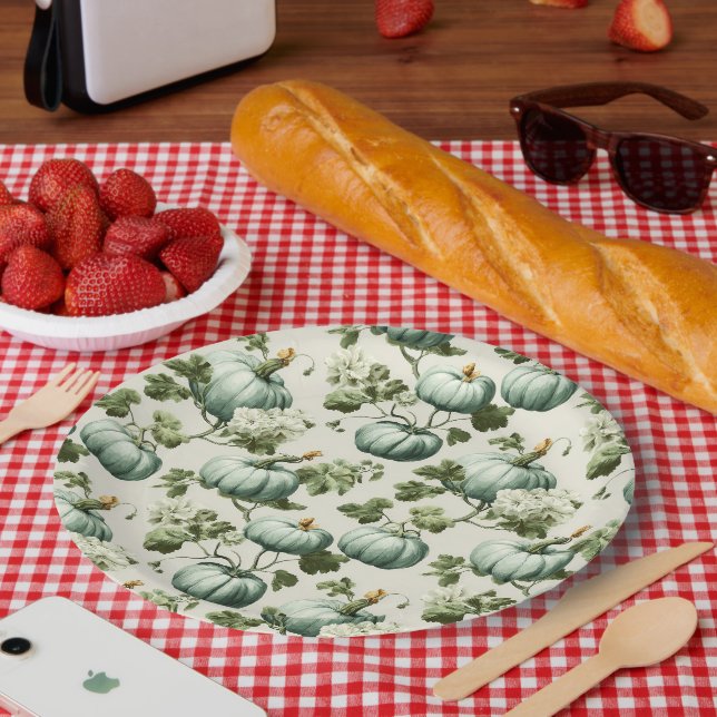 Sage Green Pumpkins & Autumn Florals Pappteller (Picknick)