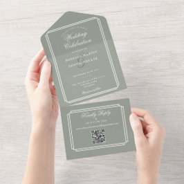 Sage Green QR Code Art Deco Monogram Wedding All In One Einladung