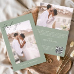 Sage Green QR Code Hochzeit Danke Foto Card<br><div class="desc">Hochzeit Dankeschön Karten,  die ein Foto Bilder und Text auf der Vorder- und Rückseite haben. Die Dankeschön-Karten enthalten eine moderne,  handgeschriebene,  kursive Schriftzeichen-Typografie,  die elegant,  einfach und modern nach einem minimalistischen einfachen Hochzeitstag-Fest zu verwenden sind.</div>
