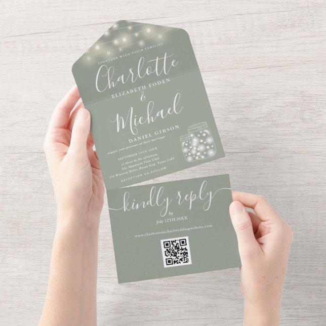 Sage Green QR Code Mason Jar String Lights Hochzei All In One Einladung (Abreißen)