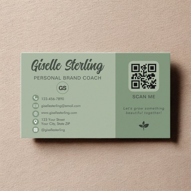 Sage Green QR Code Monogram Social Media  Visitenkarte (Von Creator hochgeladen)